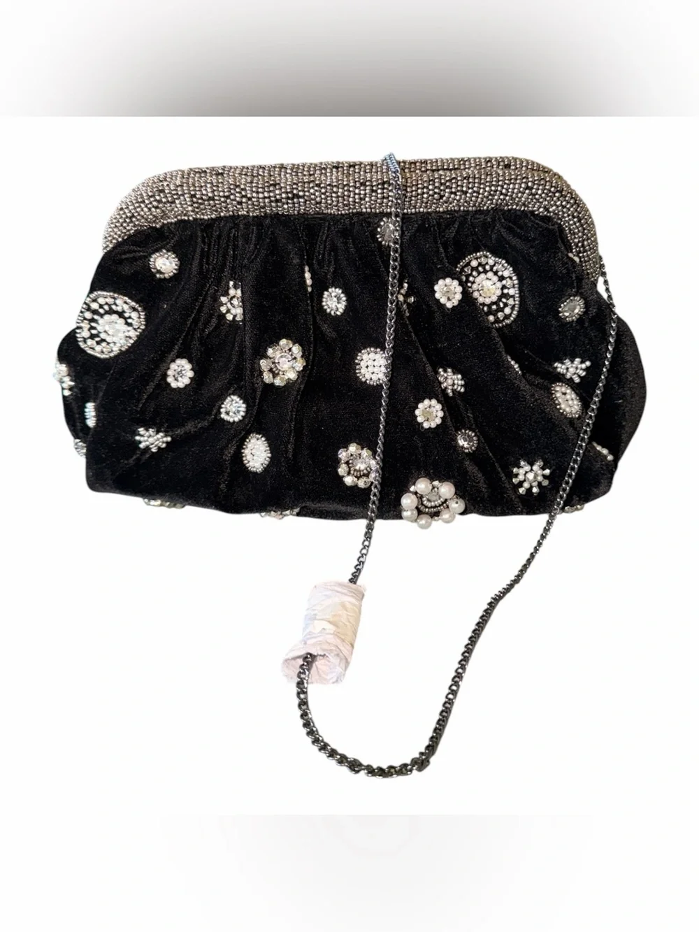NEW Studded Embellished  crafted black plush Velvet Clutch Beaded  Faux Pearl